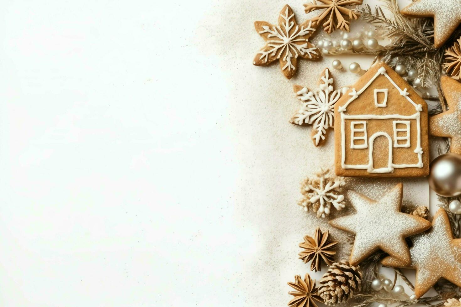 Christmas composition with gift boxes, card balls fir branches pine cones with copy space. Christmas by AI Generated photo