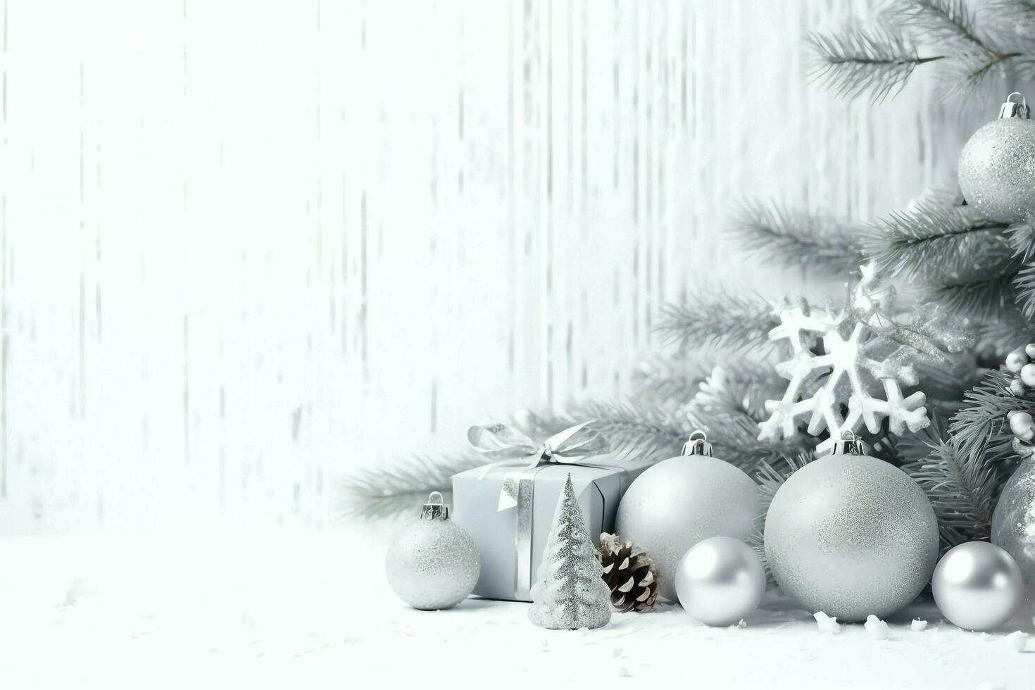 Christmas composition with gift boxes, card balls fir branches pine cones with copy space. Christmas by AI Generated photo