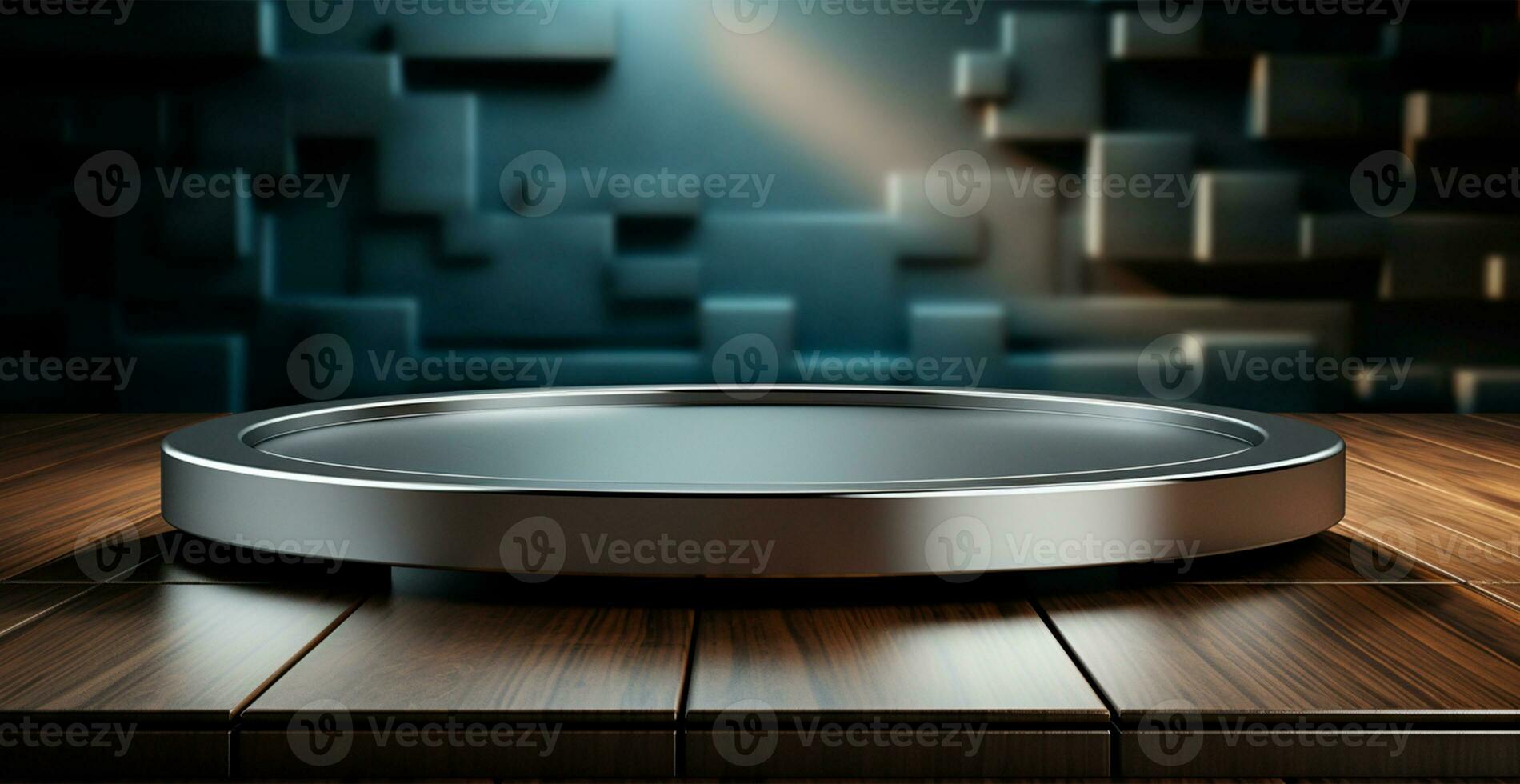 AI generated Empty podium pedestal, steel and silver background stand for product, goods. Shelf with product advertising - AI generated image photo