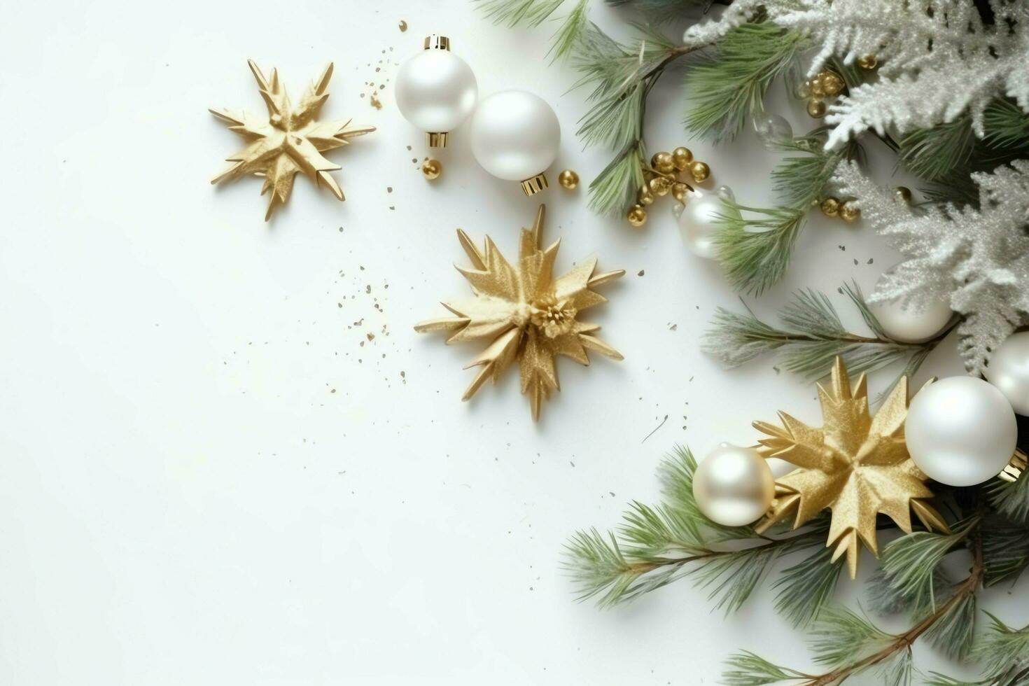 Christmas composition with gift boxes, card balls fir branches pine cones with copy space. Christmas by AI Generated photo