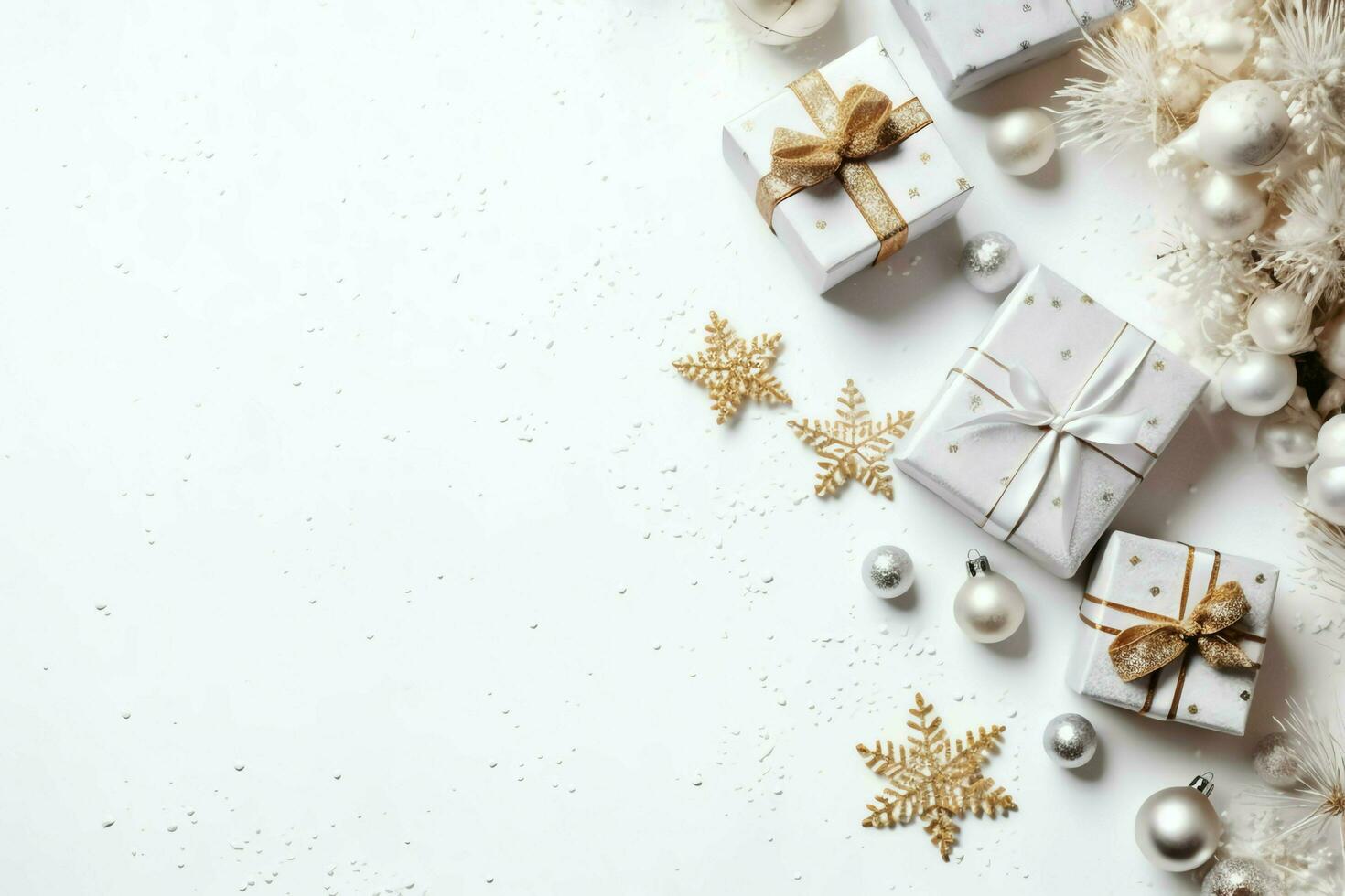 Christmas composition with gift boxes, card balls fir branches pine cones with copy space. Christmas by AI Generated photo