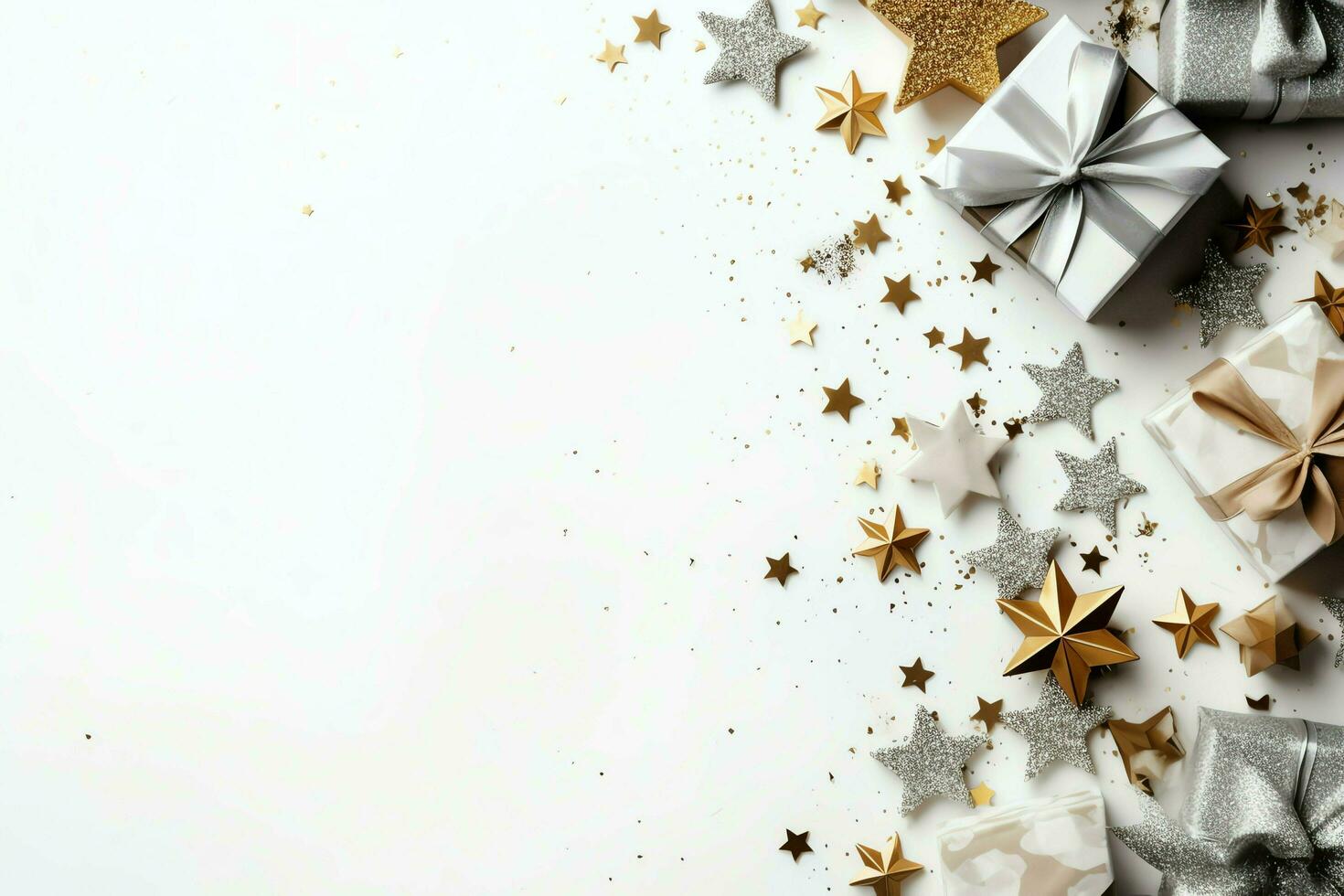 Christmas composition with gift boxes, card balls fir branches pine cones with copy space. Christmas by AI Generated photo