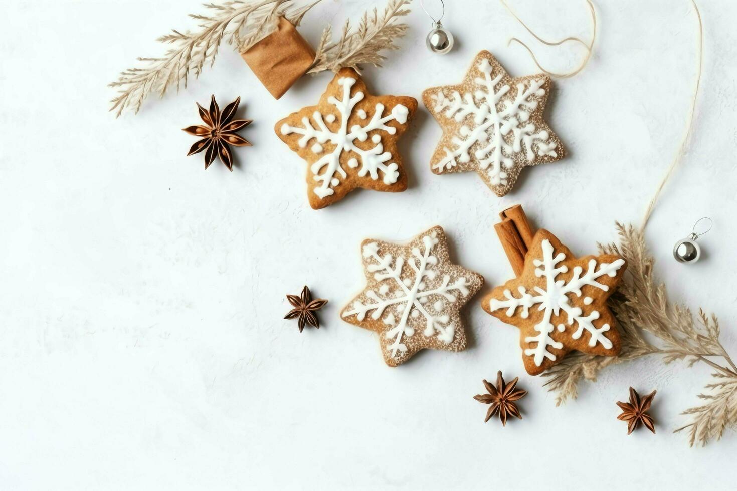 Christmas composition with gift boxes, card balls fir branches pine cones with copy space. Christmas by AI Generated photo