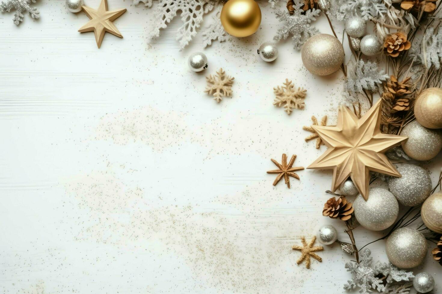 Christmas composition with gift boxes, card balls fir branches pine cones with copy space. Christmas by AI Generated photo