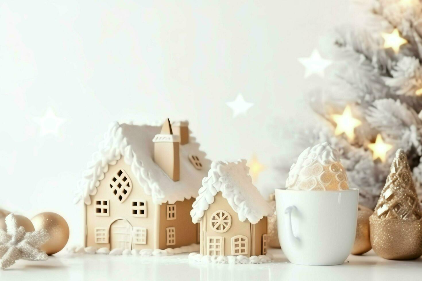 Christmas composition with gift boxes, card balls fir branches pine cones with copy space. Christmas by AI Generated photo