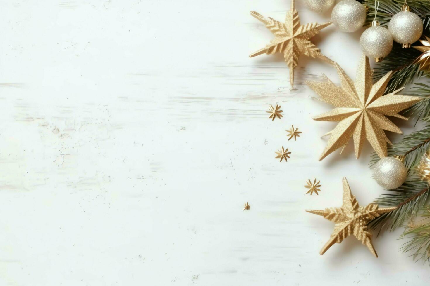 Christmas composition with gift boxes, card balls fir branches pine cones with copy space. Christmas by AI Generated photo