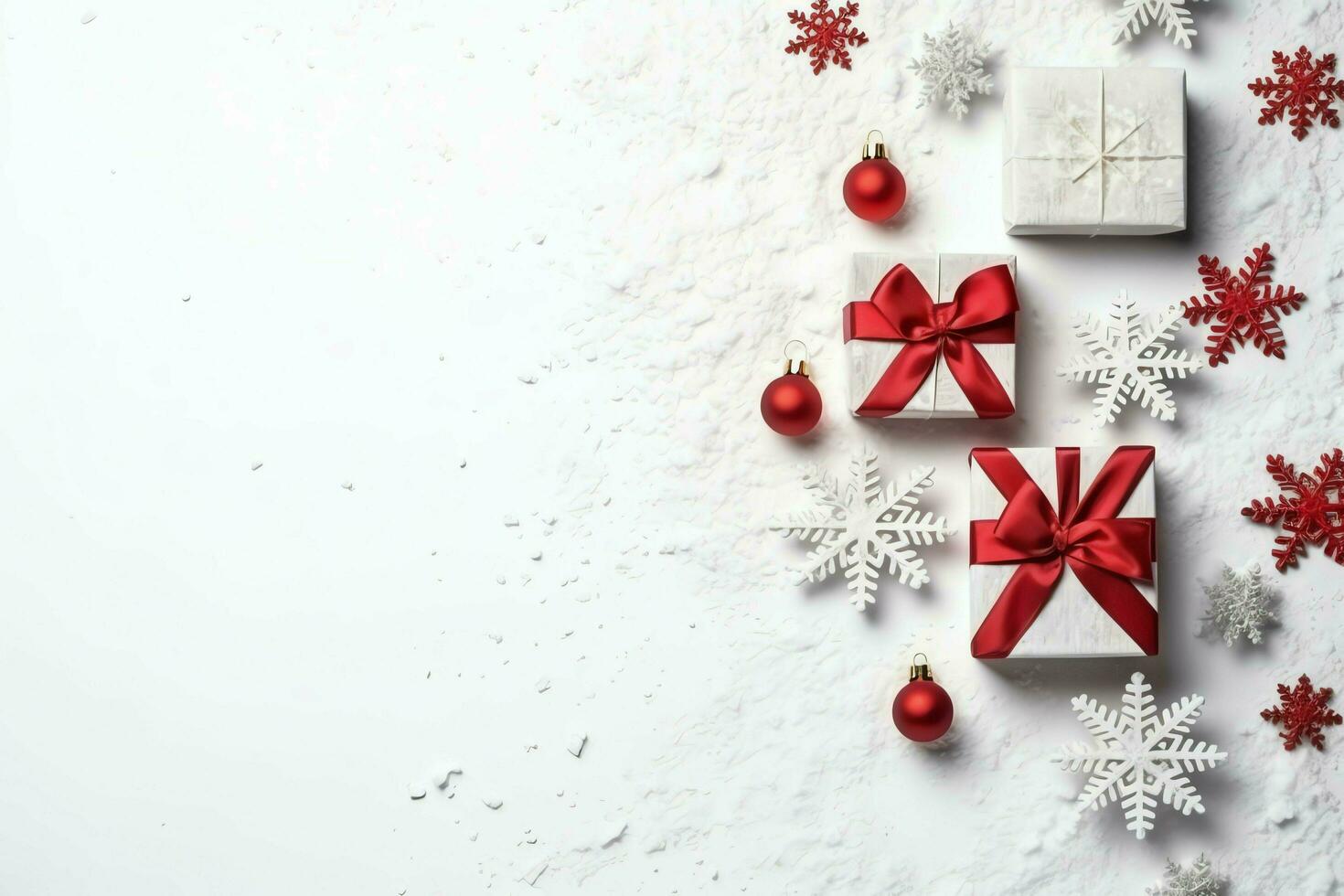 Christmas composition with gift boxes, card balls fir branches pine cones with copy space. Christmas by AI Generated photo