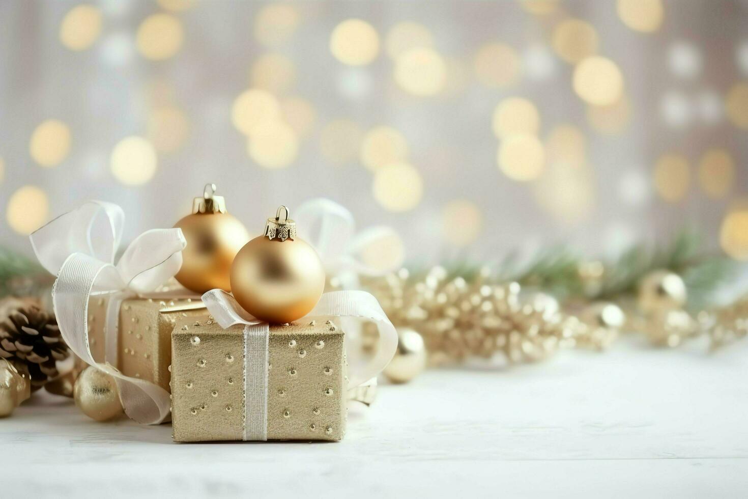 Christmas composition with gift boxes, card balls fir branches pine cones with copy space. Christmas by AI Generated photo