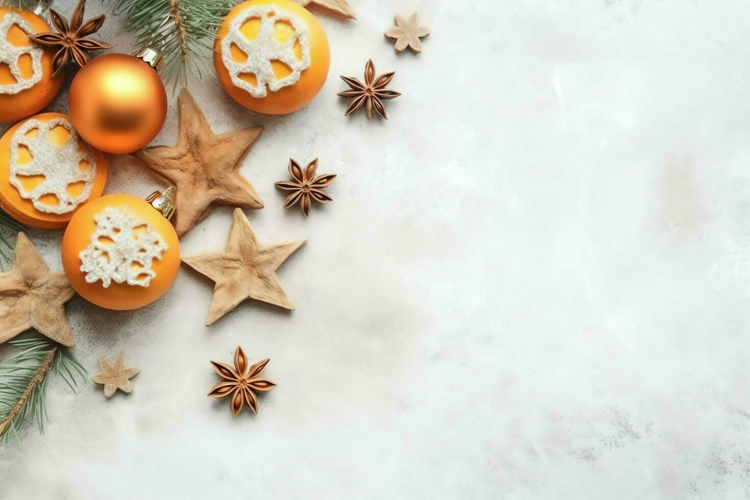 Christmas composition with gift boxes, card balls fir branches pine cones with copy space. Christmas by AI Generated photo