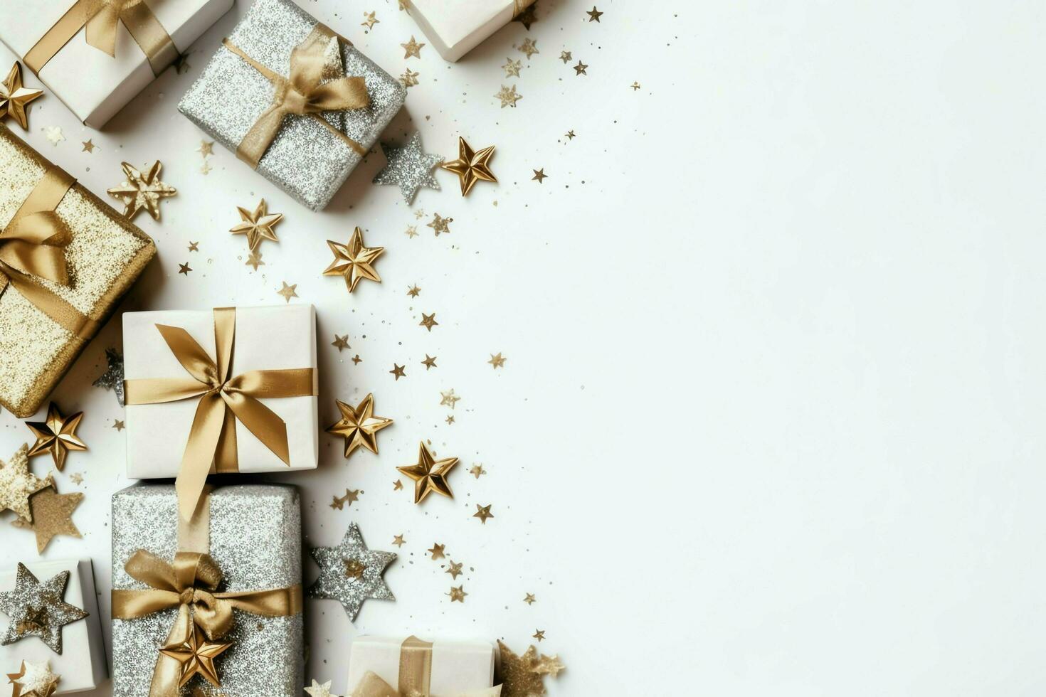Christmas composition with gift boxes, card balls fir branches pine cones with copy space. Christmas by AI Generated photo