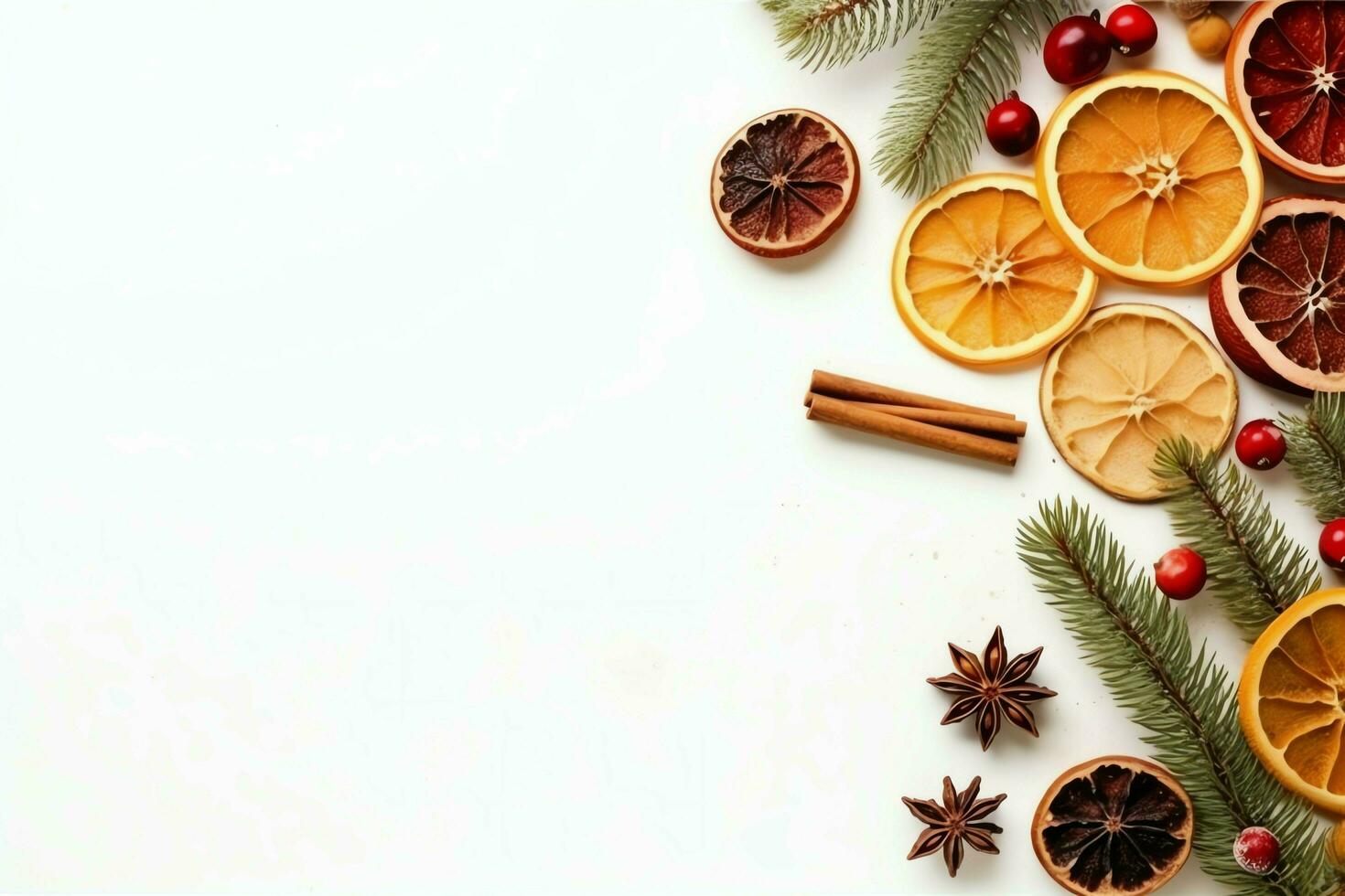 Christmas composition with gift boxes, card balls fir branches pine cones with copy space. Christmas by AI Generated photo