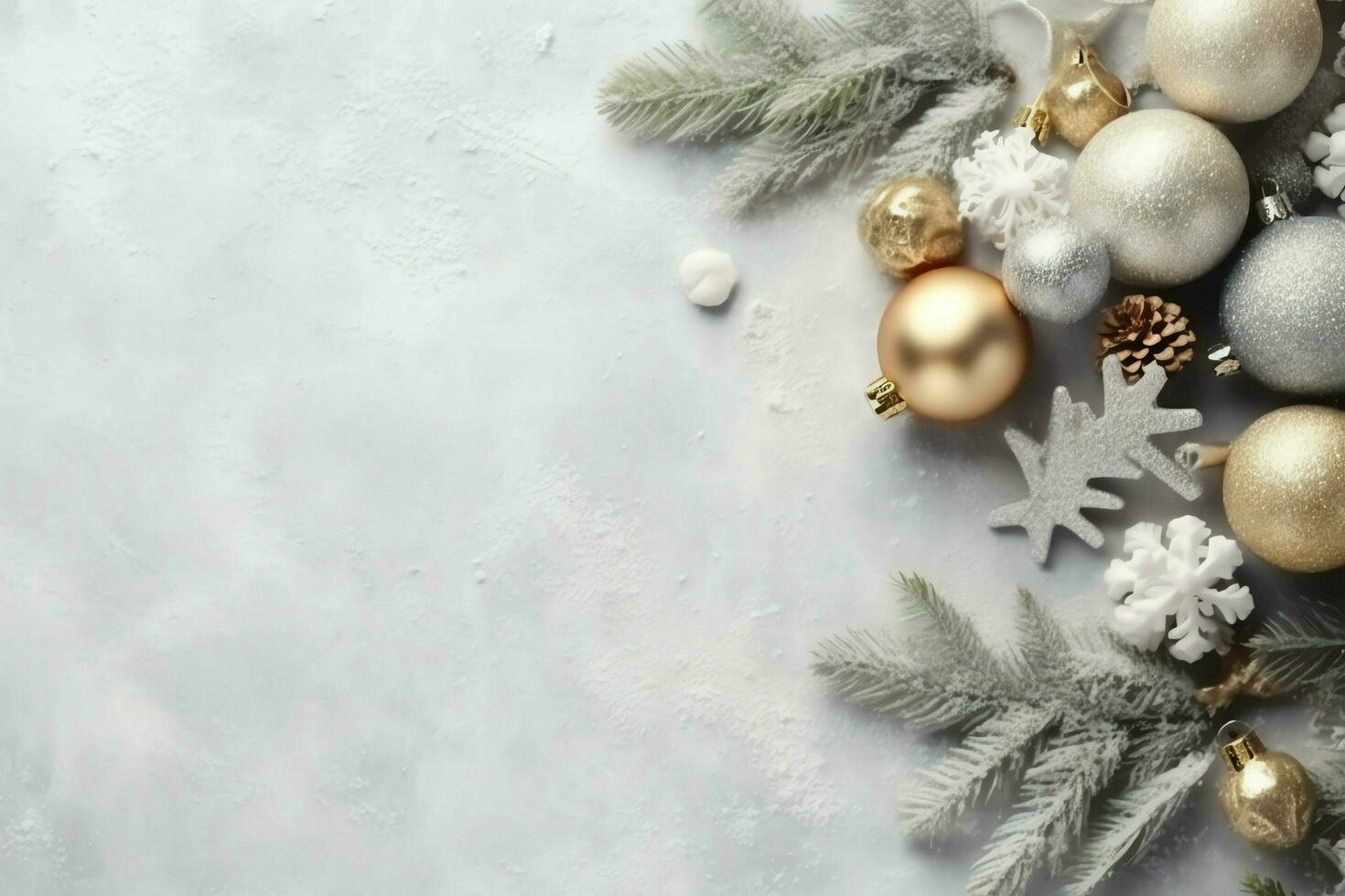 Christmas composition with gift boxes, card balls fir branches pine cones with copy space. Christmas by AI Generated photo