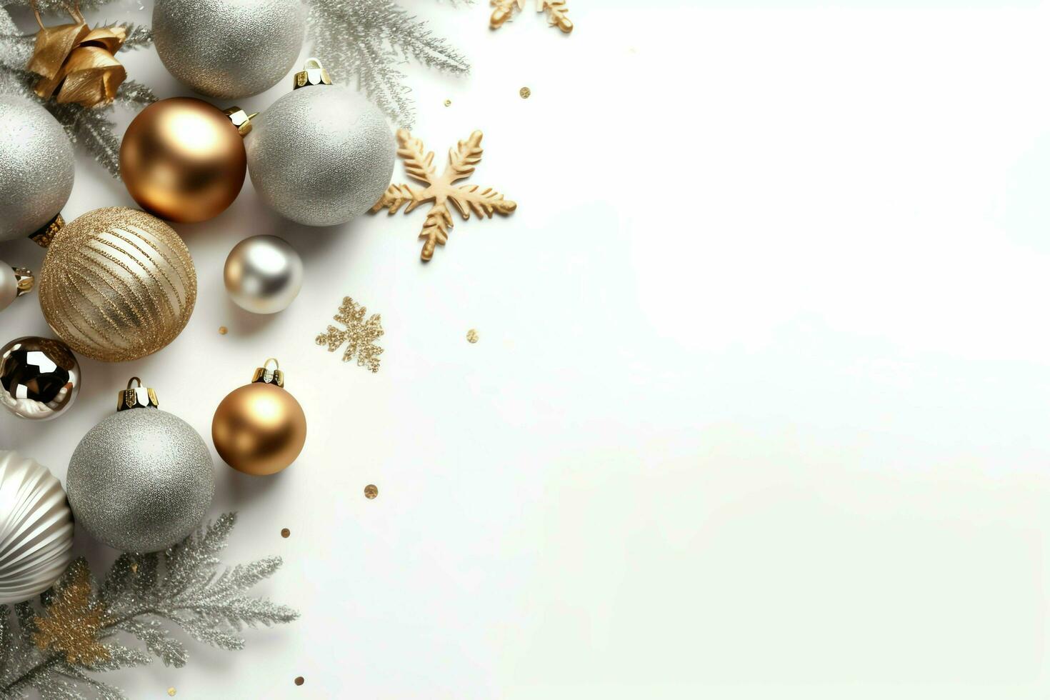 Christmas composition with gift boxes, card balls fir branches pine cones with copy space. Christmas by AI Generated photo