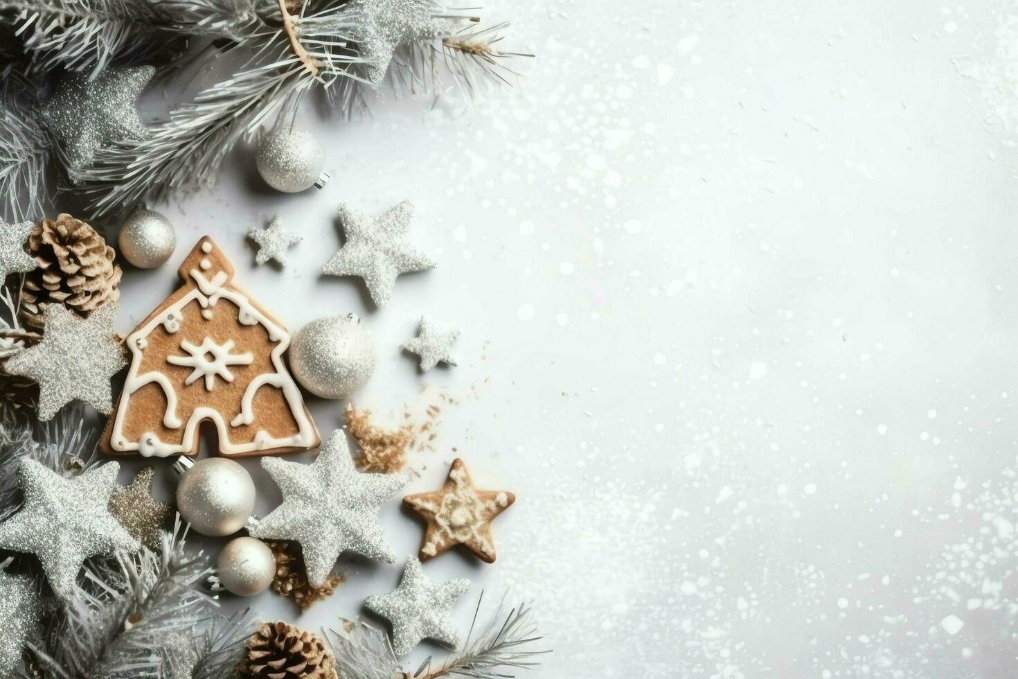 Christmas composition with gift boxes, card balls fir branches pine cones with copy space. Christmas by AI Generated photo