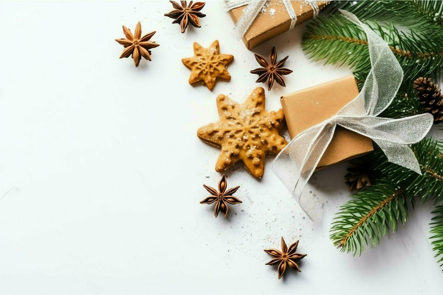 Christmas composition with gift boxes, card balls fir branches pine cones with copy space. Christmas by AI Generated photo