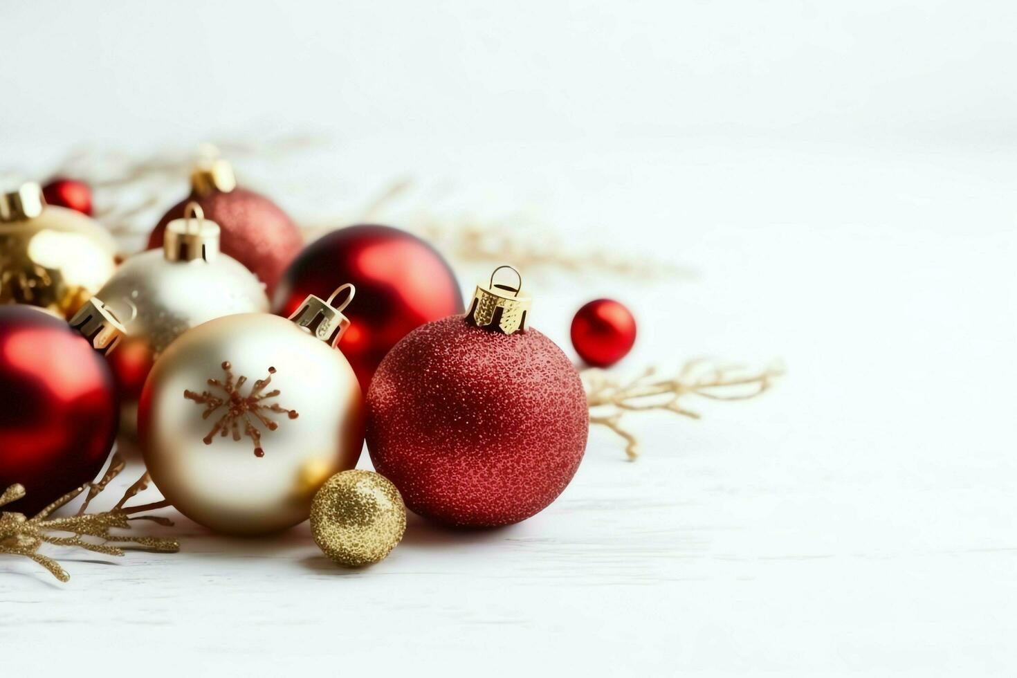 Christmas composition with gift boxes, card balls fir branches pine cones with copy space. Christmas by AI Generated photo