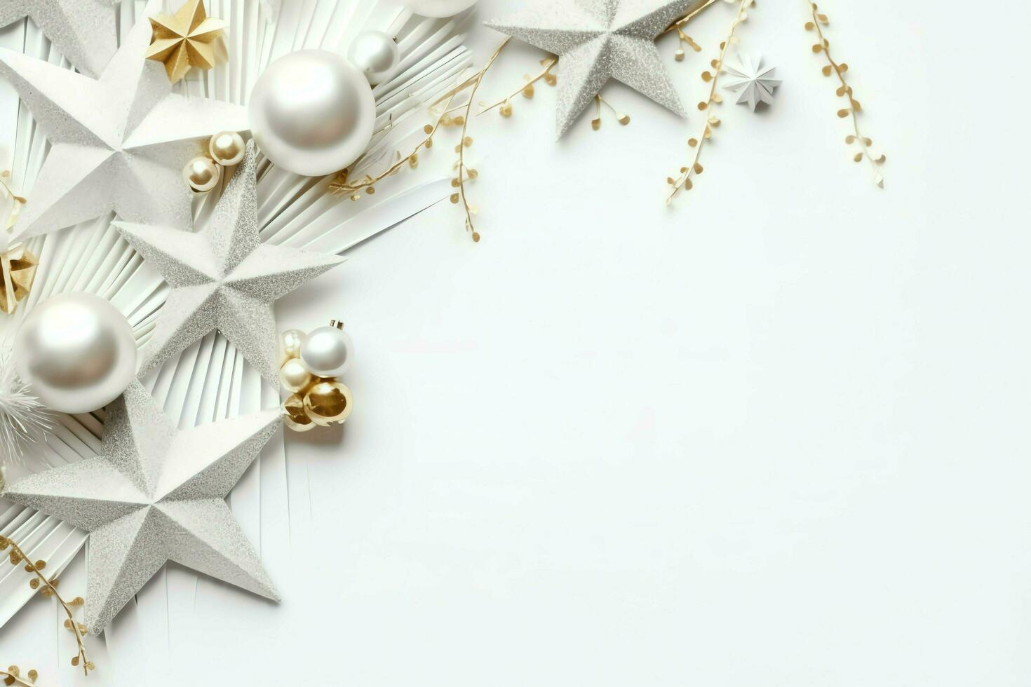 Christmas composition with gift boxes, card balls fir branches pine cones with copy space. Christmas by AI Generated photo