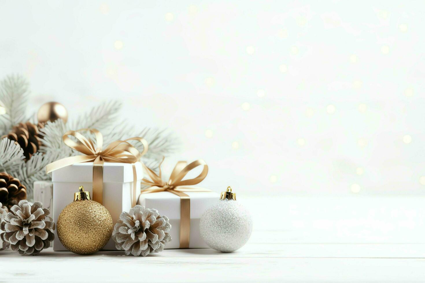 Christmas composition with gift boxes, card balls fir branches pine cones with copy space. Christmas by AI Generated photo