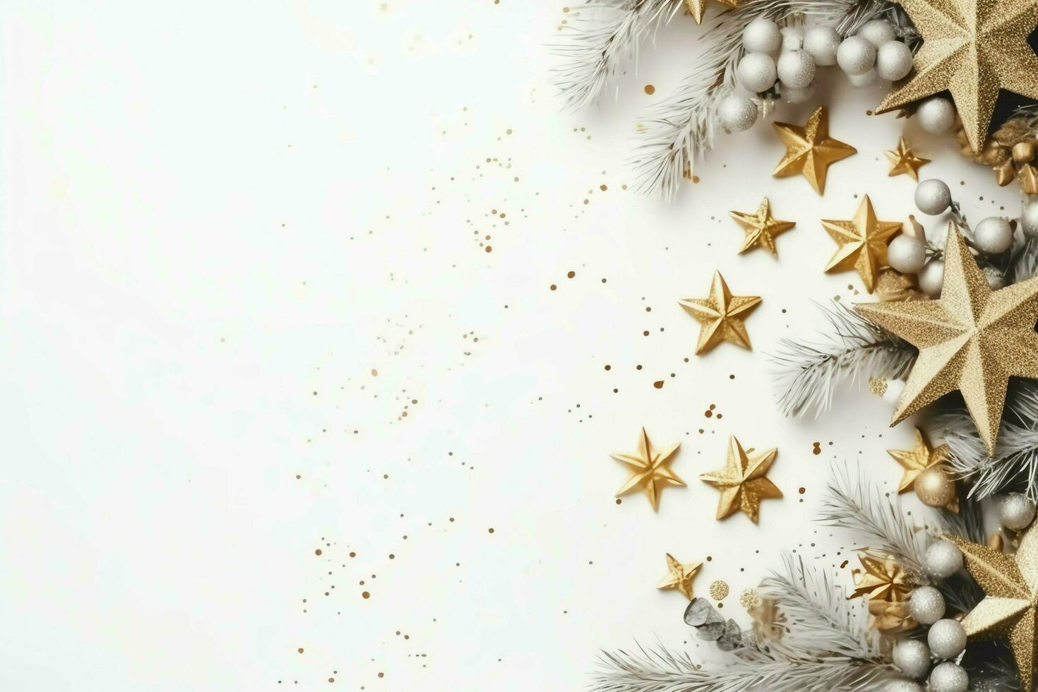 Christmas composition with gift boxes, card balls fir branches pine cones with copy space. Christmas by AI Generated photo