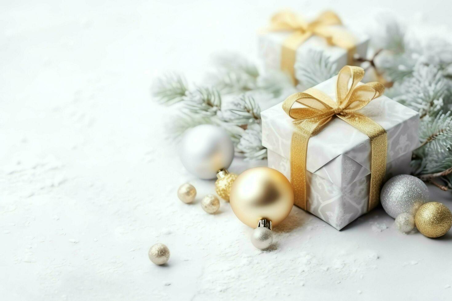 Christmas composition with gift boxes, card balls fir branches pine cones with copy space. Christmas by AI Generated photo