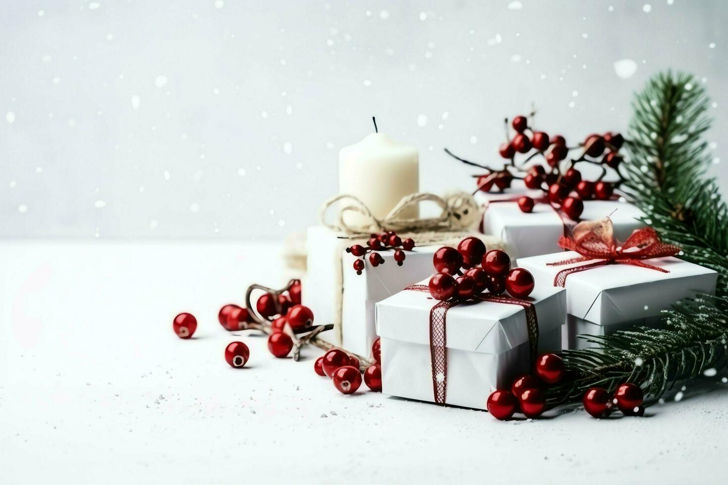 Christmas composition with gift boxes, card balls fir branches pine cones with copy space. Christmas by AI Generated photo