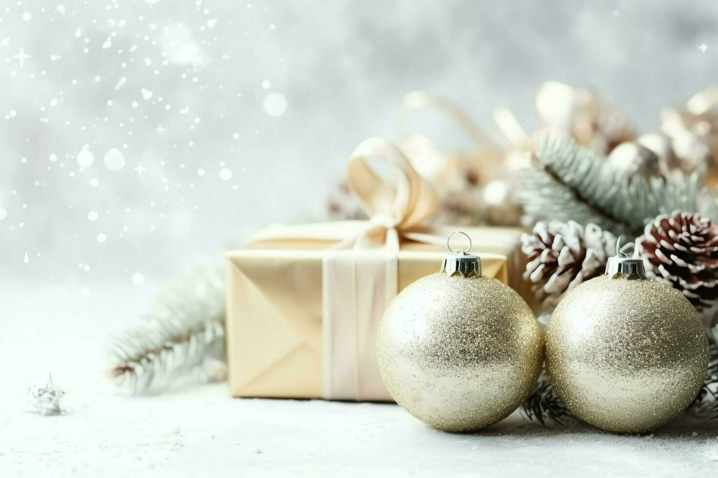 Christmas composition with gift boxes, card balls fir branches pine cones with copy space. Christmas by AI Generated photo