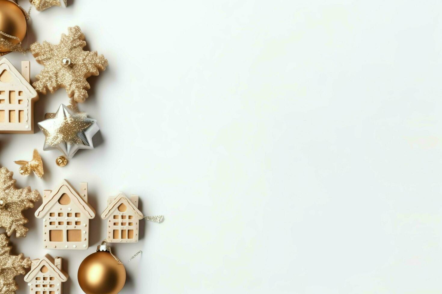 Christmas composition with gift boxes, card balls fir branches pine cones with copy space. Christmas by AI Generated photo