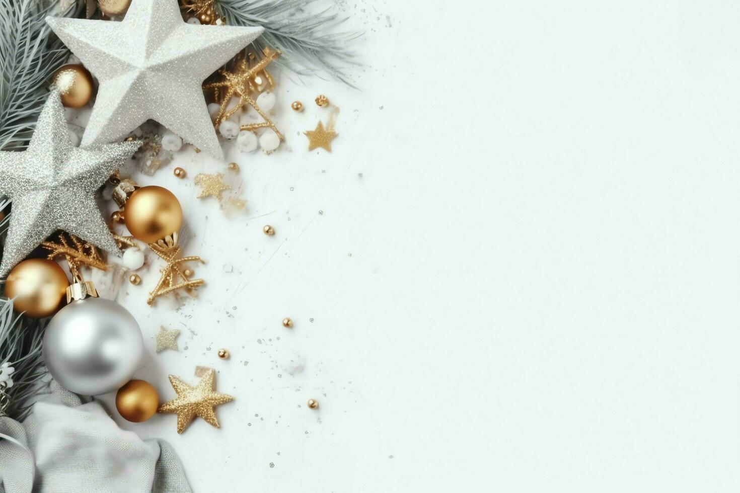 Christmas composition with gift boxes, card balls fir branches pine cones with copy space. Christmas by AI Generated photo