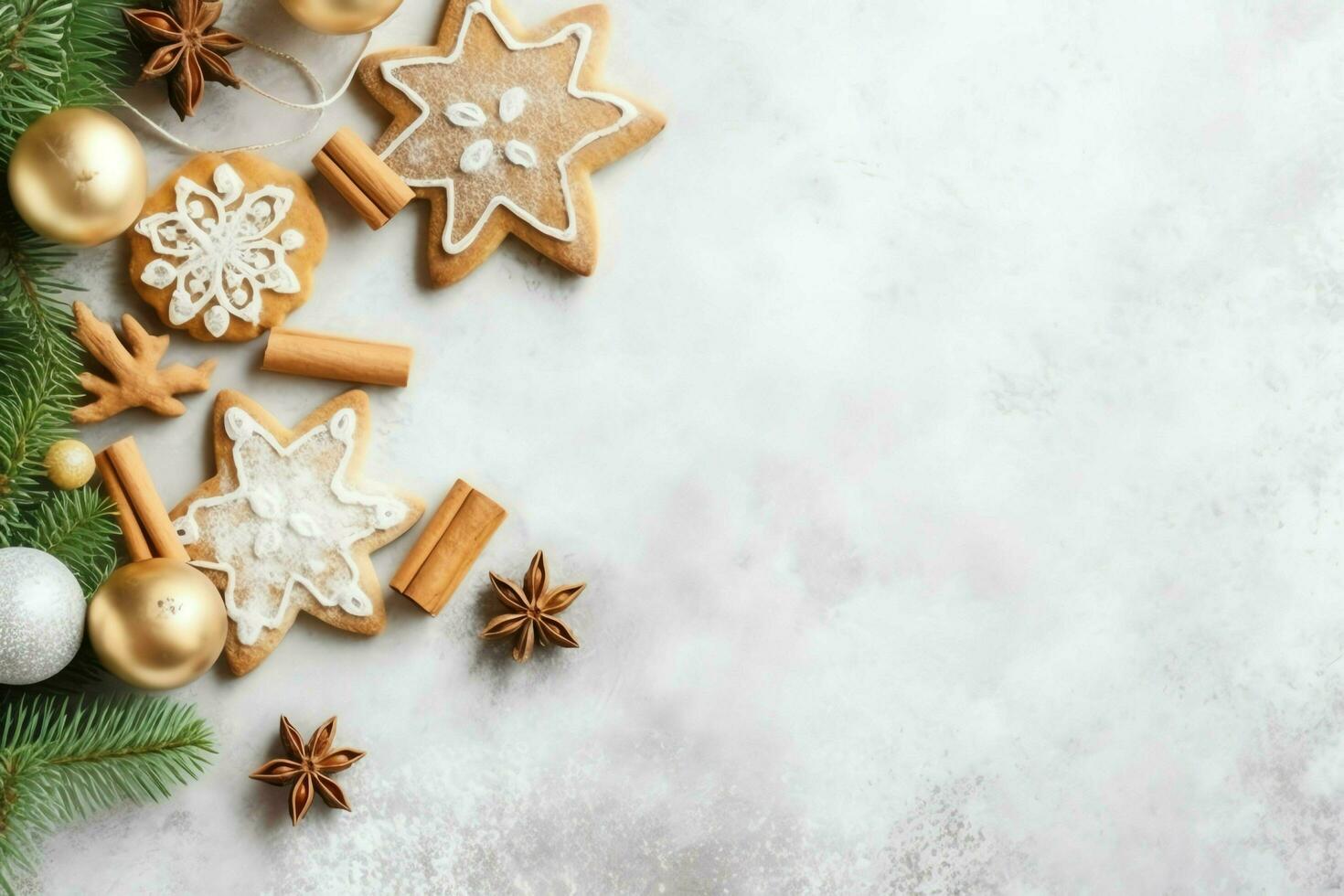 Christmas composition with gift boxes, card balls fir branches pine cones with copy space. Christmas by AI Generated photo