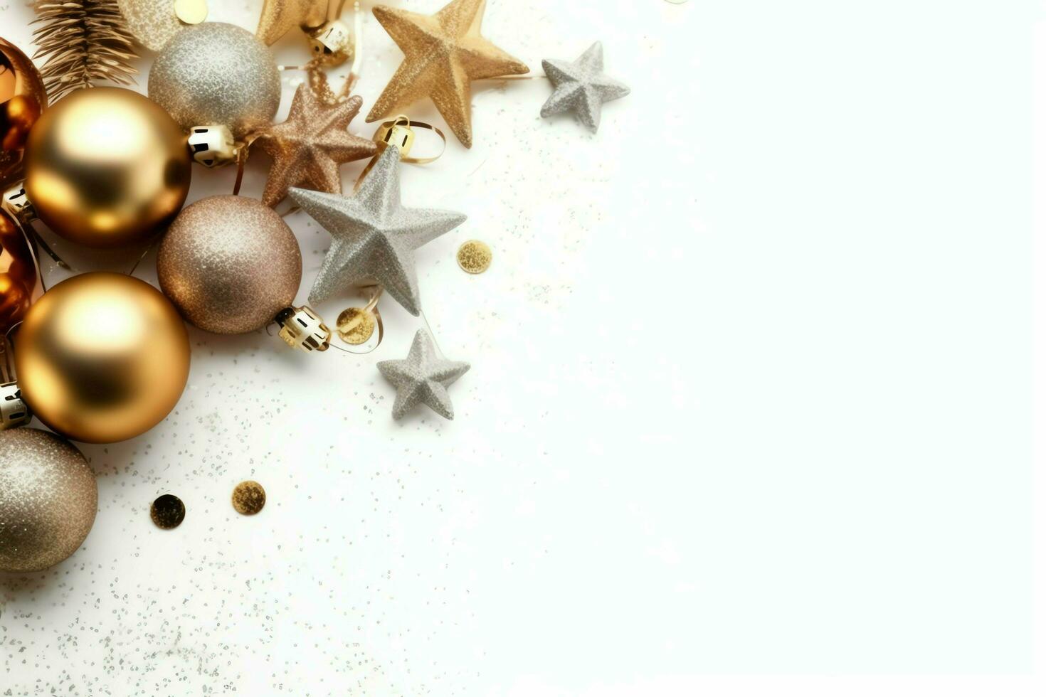Christmas composition with gift boxes, card balls fir branches pine cones with copy space. Christmas by AI Generated photo