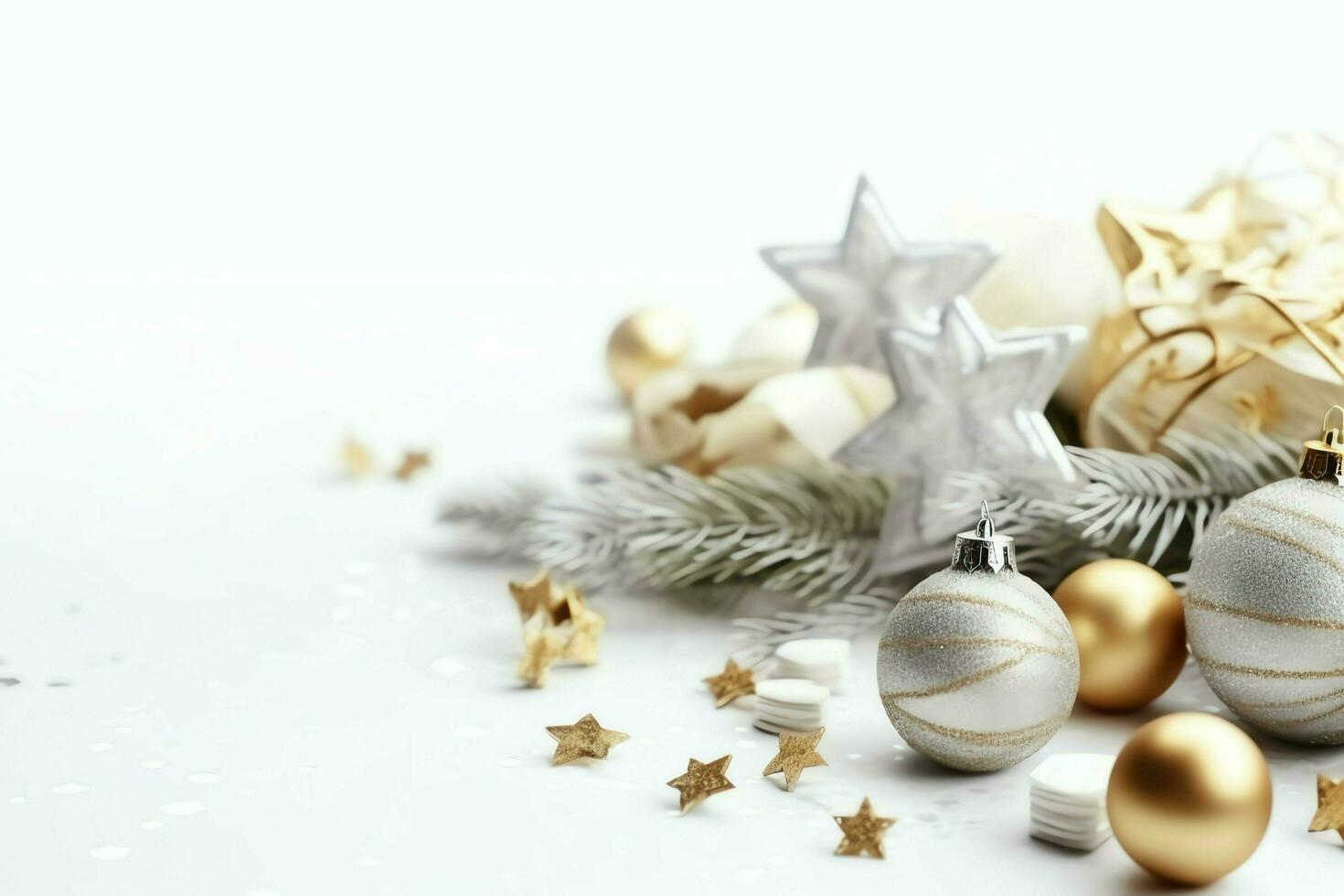 Christmas composition with gift boxes, card balls fir branches pine cones with copy space. Christmas by AI Generated photo