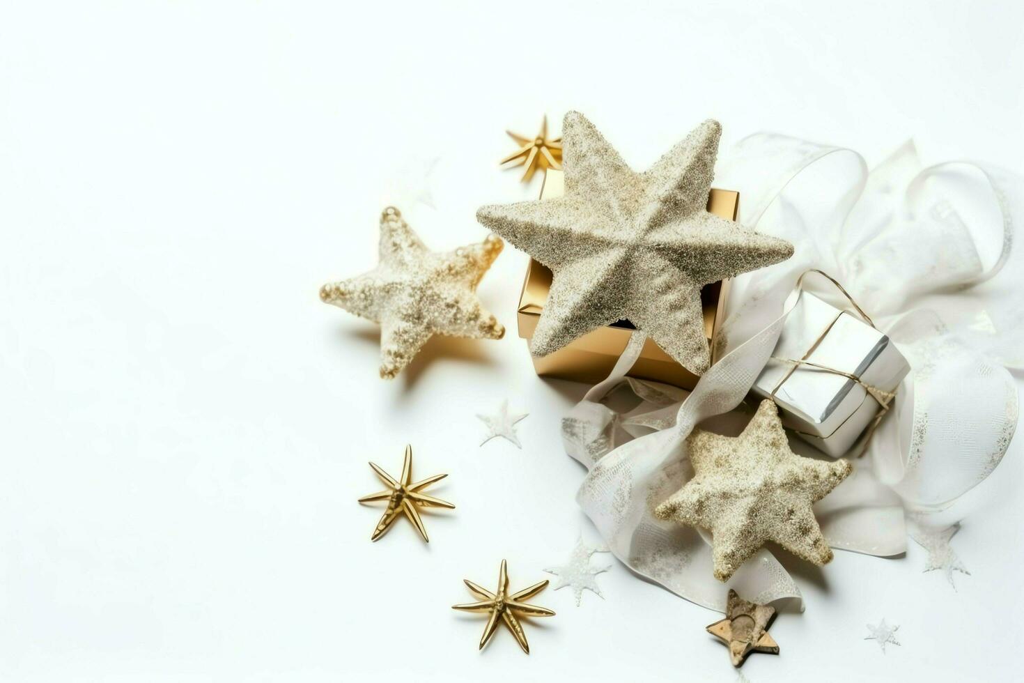 Christmas composition with gift boxes, card balls fir branches pine cones with copy space. Christmas by AI Generated photo