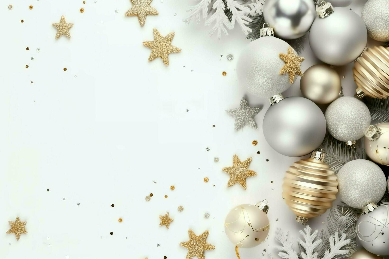 Christmas composition with gift boxes, card balls fir branches pine cones with copy space. Christmas by AI Generated photo