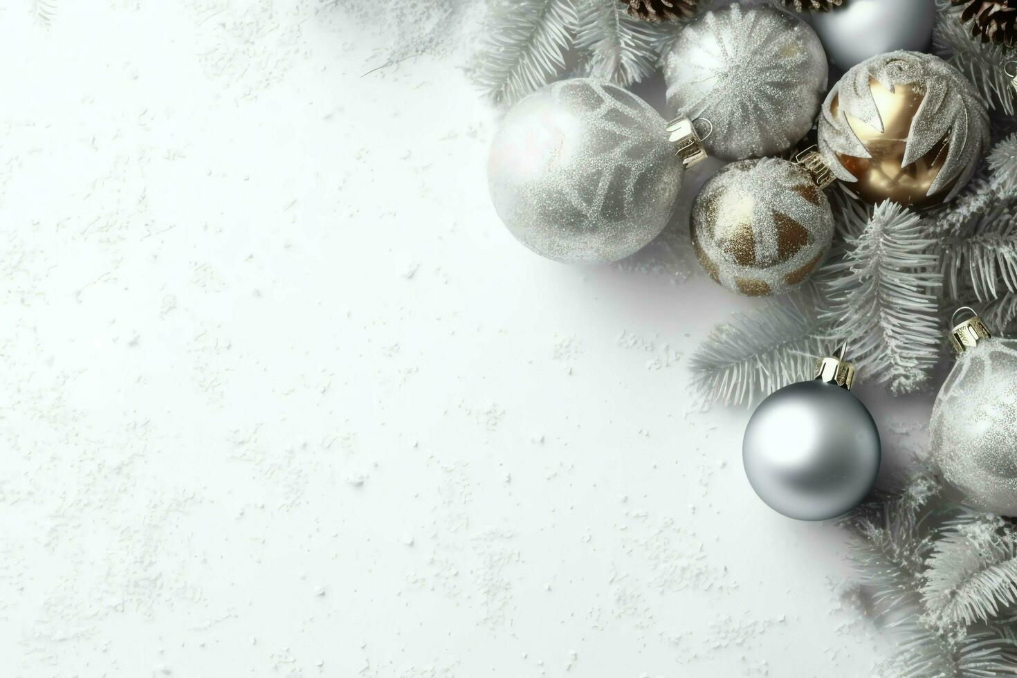 Christmas composition with gift boxes, card balls fir branches pine cones with copy space. Christmas by AI Generated photo
