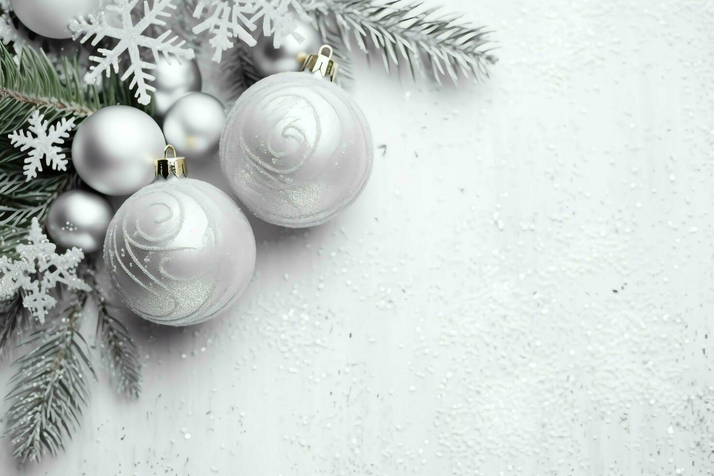 Christmas composition with gift boxes, card balls fir branches pine cones with copy space. Christmas by AI Generated photo