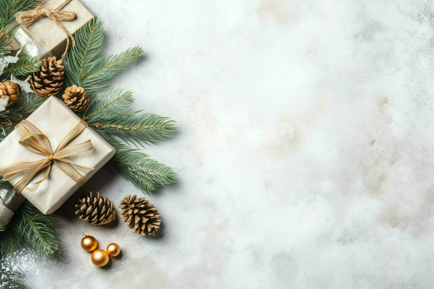 Christmas composition with gift boxes, card balls fir branches pine cones with copy space. Christmas by AI Generated photo