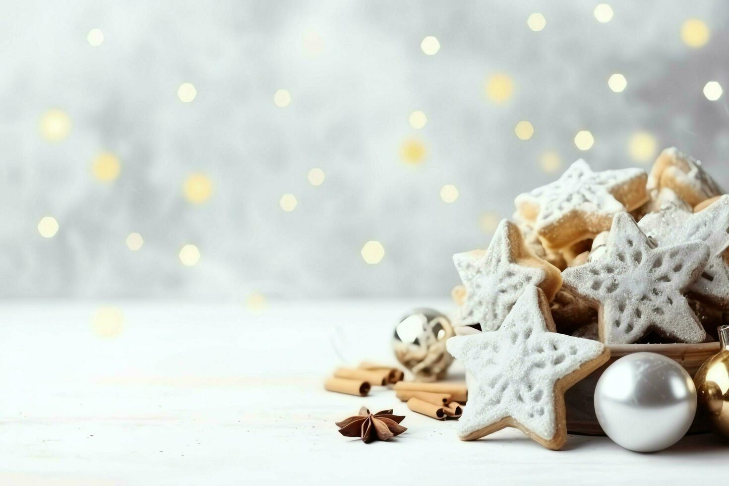 Christmas composition with gift boxes, card balls fir branches pine cones with copy space. Christmas by AI Generated photo