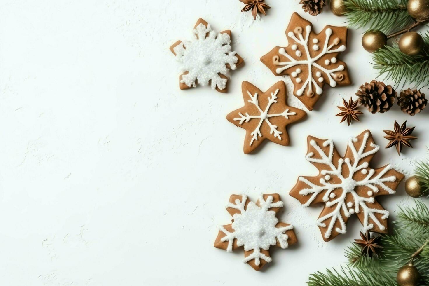 Christmas composition with gift boxes, card balls fir branches pine cones with copy space. Christmas by AI Generated photo
