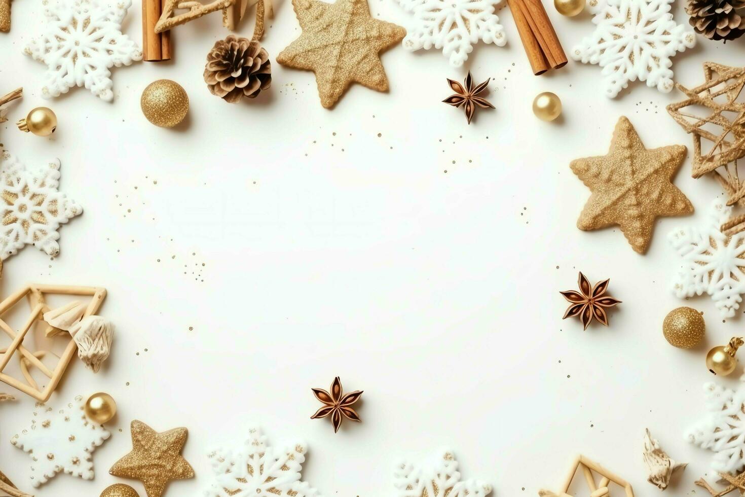 Christmas composition with gift boxes, card balls fir branches pine cones with copy space. Christmas by AI Generated photo