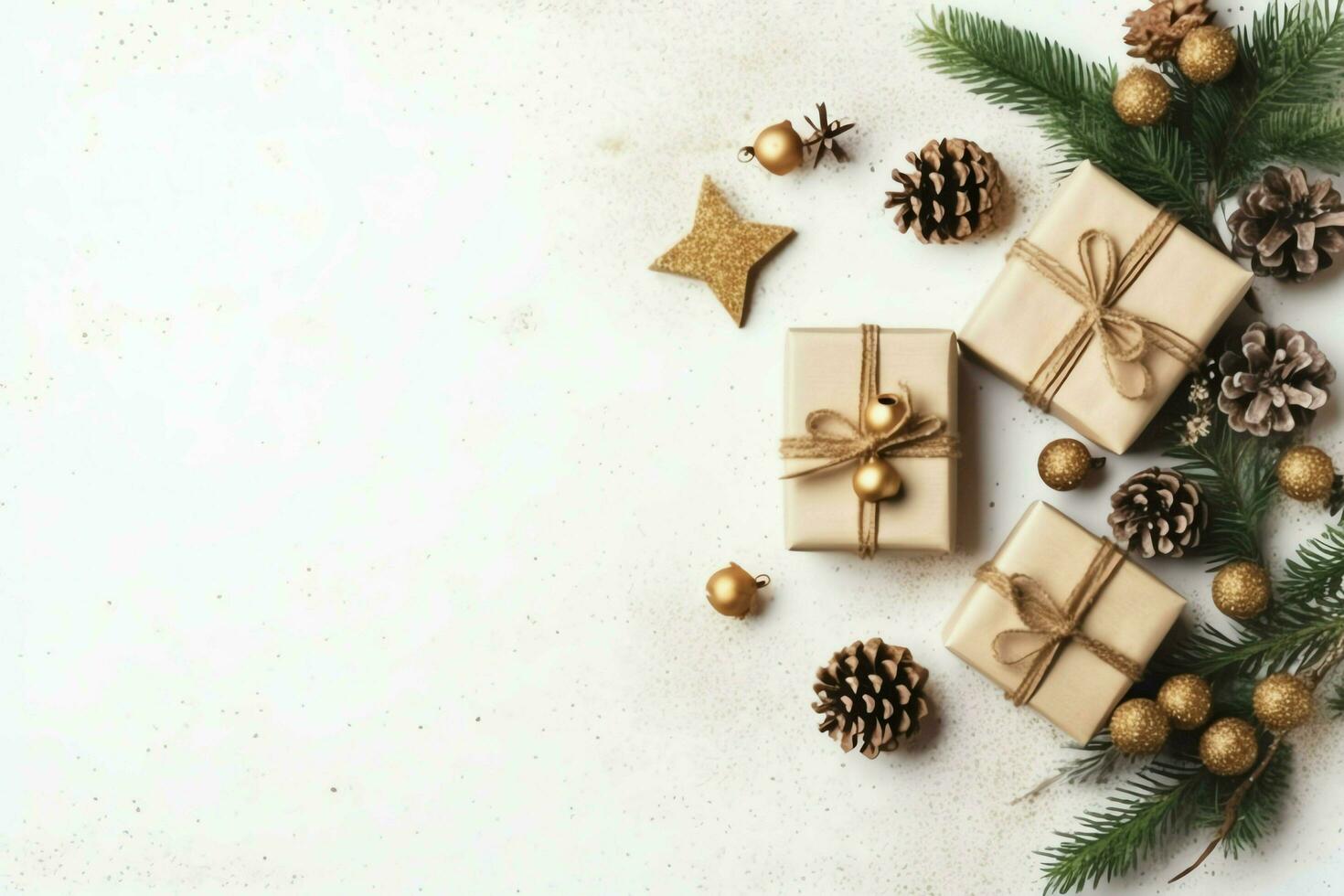 Christmas composition with gift boxes, card balls fir branches pine cones with copy space. Christmas by AI Generated photo
