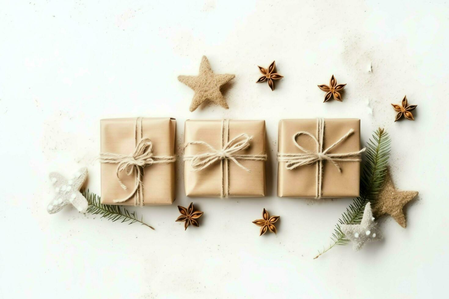 Christmas composition with gift boxes, card balls fir branches pine cones with copy space. Christmas by AI Generated photo