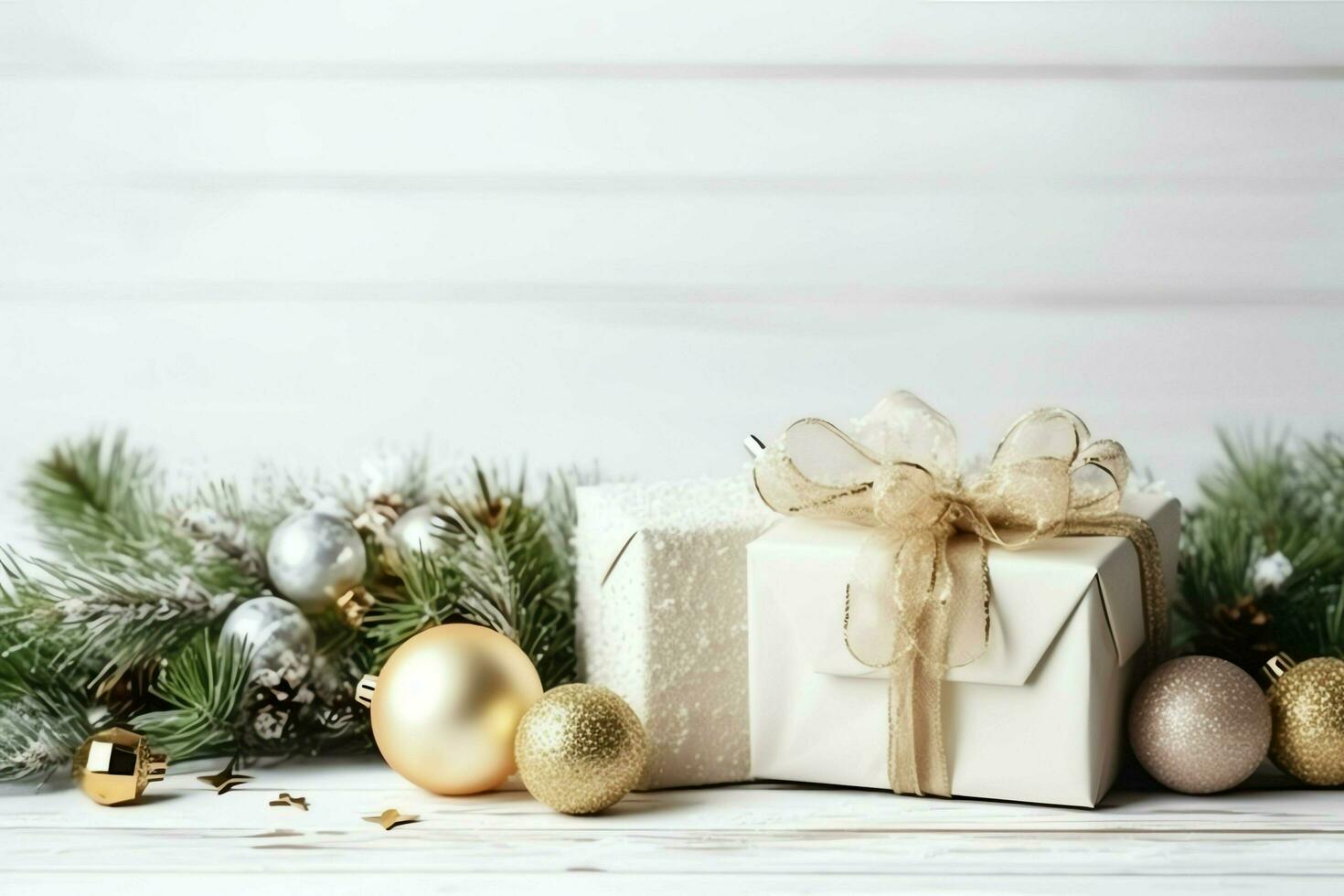 Christmas composition with gift boxes, card balls fir branches pine cones with copy space. Christmas by AI Generated photo