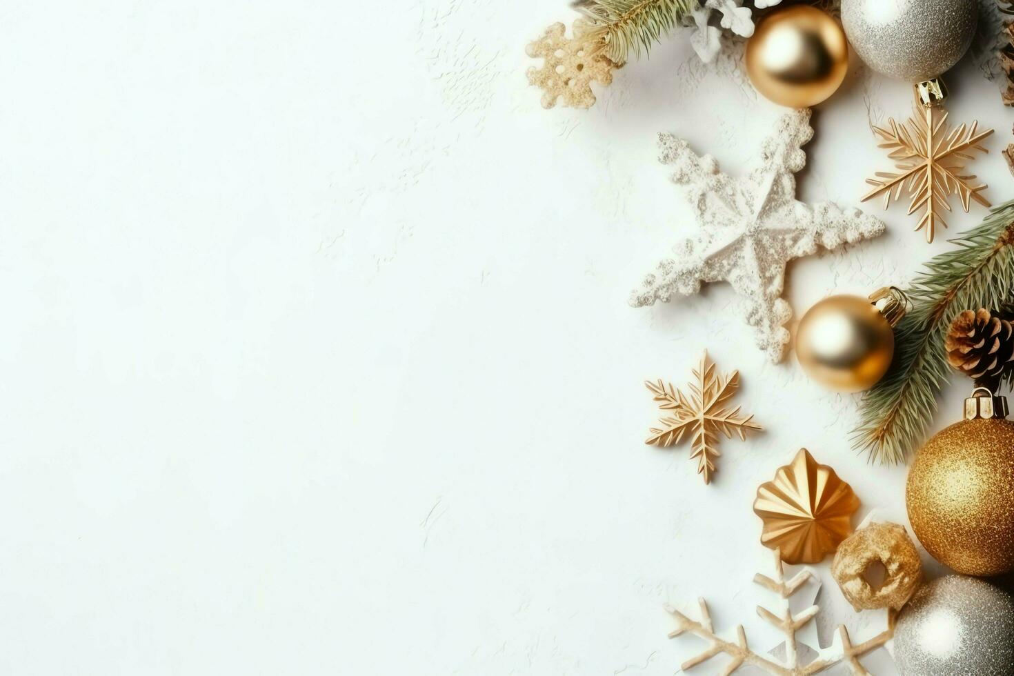 Christmas composition with gift boxes, card balls fir branches pine cones with copy space. Christmas by AI Generated photo