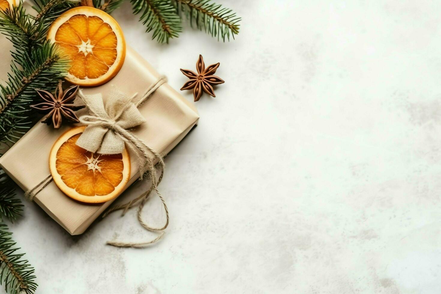 Christmas composition with gift boxes, card balls fir branches pine cones with copy space. Christmas by AI Generated photo