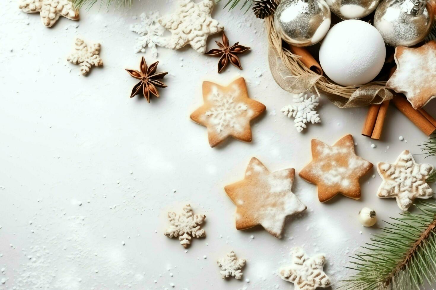 Christmas composition with gift boxes, card balls fir branches pine cones with copy space. Christmas by AI Generated photo
