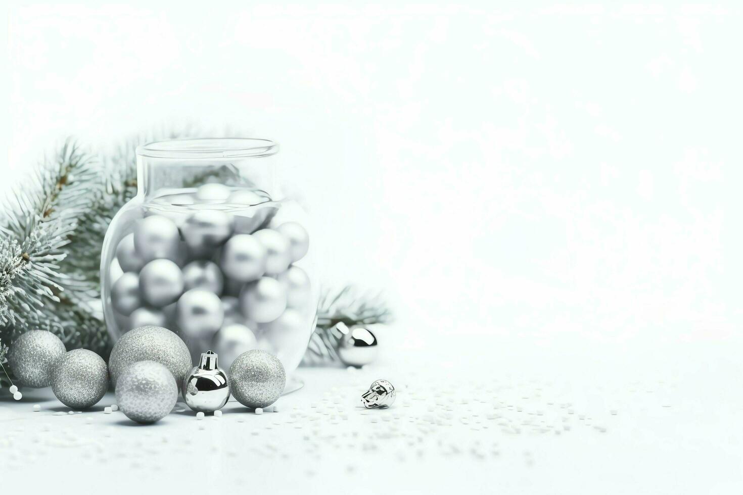 Christmas composition with gift boxes, card balls fir branches pine cones with copy space. Christmas by AI Generated photo