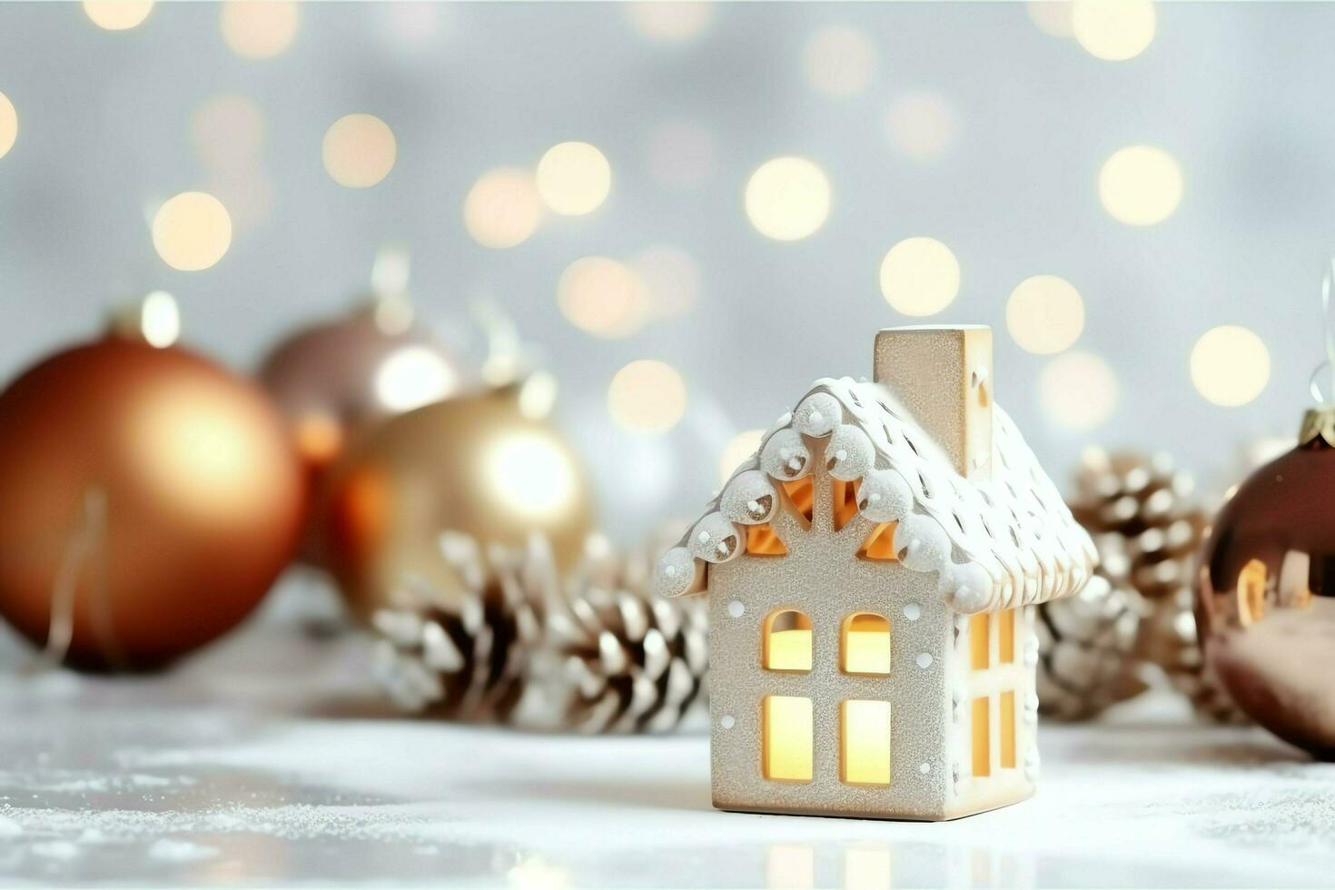 Christmas composition with gift boxes, card balls fir branches pine cones with copy space. Christmas by AI Generated photo