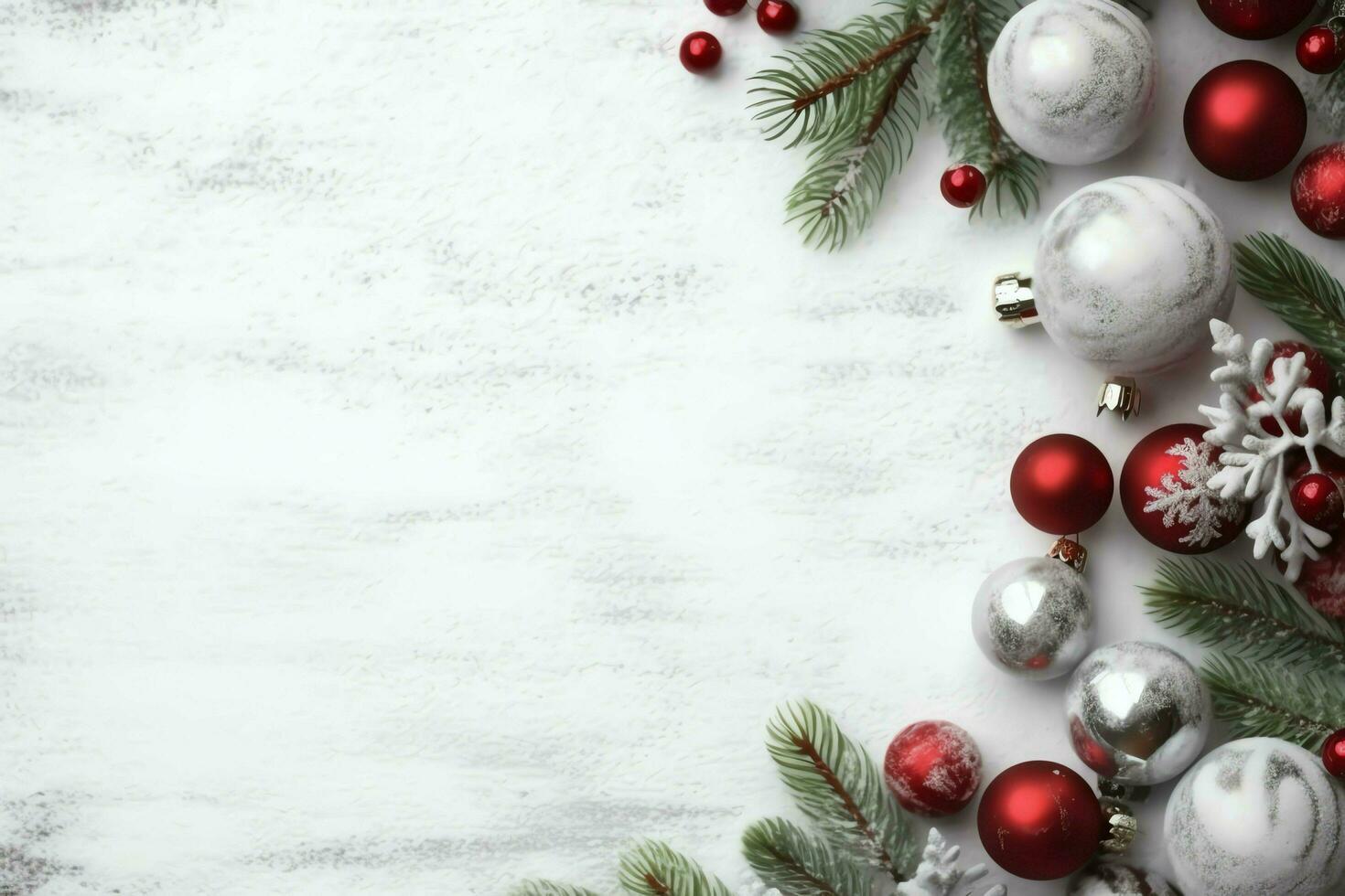 Christmas composition with gift boxes, card balls fir branches pine cones with copy space. Christmas by AI Generated photo