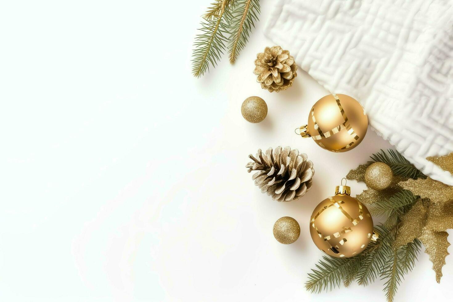 Christmas composition with gift boxes, card balls fir branches pine cones with copy space. Christmas by AI Generated photo