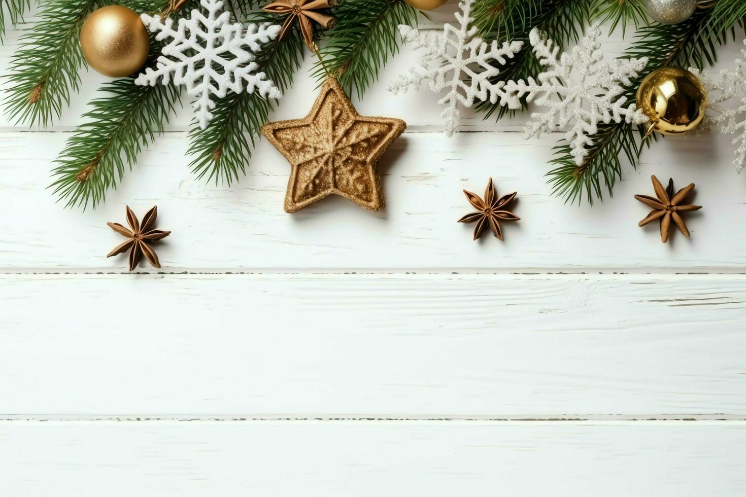 Christmas composition with gift boxes, card balls fir branches pine cones with copy space. Christmas by AI Generated photo